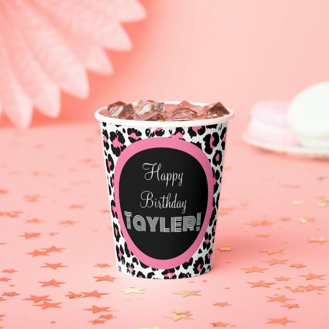 Custom Pink Black & White Cheetah Print Paper Cups (Insitu)