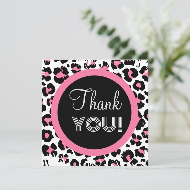 Custom Pink Black & White Cheetah Print Thank You Card (Standing Front)