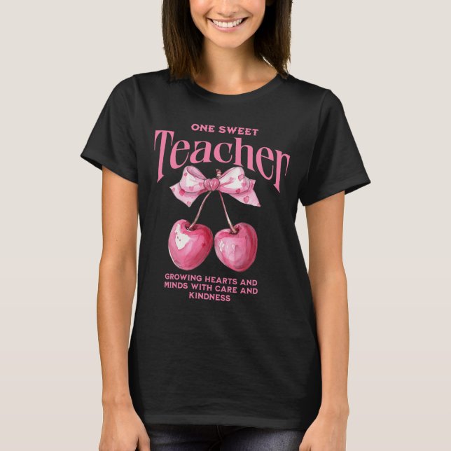 Custom Pink Bow Coquette Cherries Best Teacher   T-Shirt (Front)