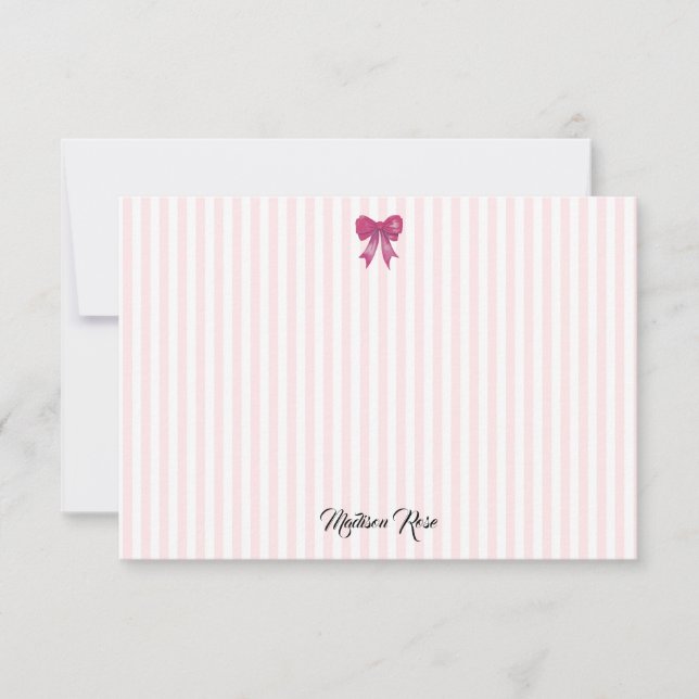 Custom Pink Bow Pink Stripe Preppy Thank You Card (Front)