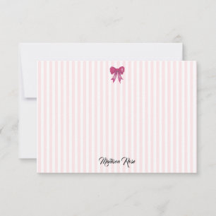 Custom Pink Bow Pink Stripe Preppy Thank You Card