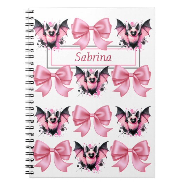 Custom Pink Bows & Bats Coquette Halloween Gift Notebook (Front)