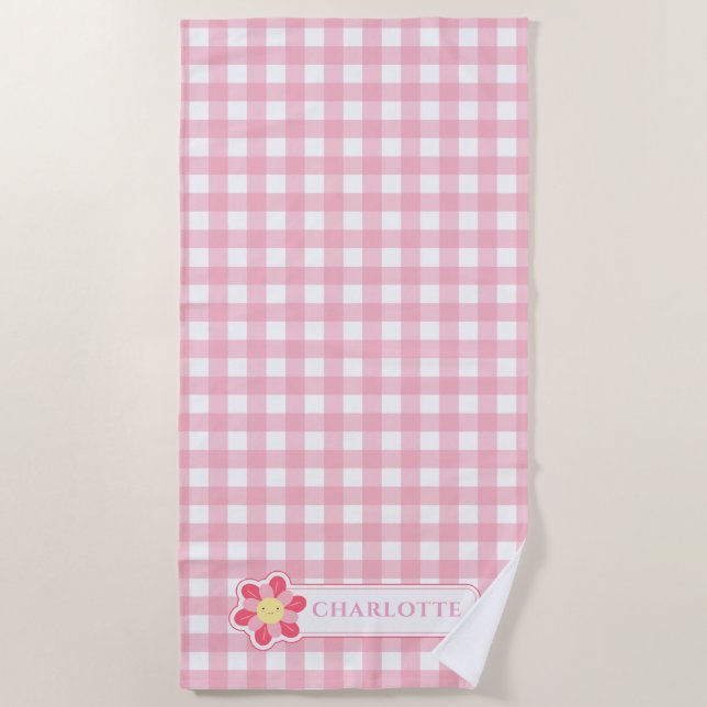 Custom Pink Check Cute Chequerboard Beach Towel (Front)