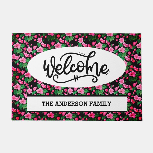 Custom Pink Cherry Blossom Floral Welcome Doormat (Front)