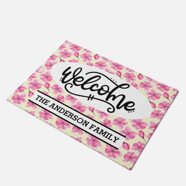 Custom Pink Cherry Blossom Floral Welcome Doormat (Angled)