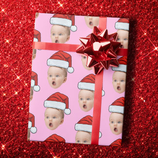 Custom Pink Christmas Face Photo Santa Hat Wrapping Paper