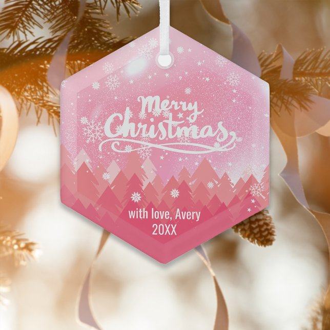 Custom Pink Crystal Snow Forest Merry Christmas  Glass Tree Decoration (Creator Uploaded)