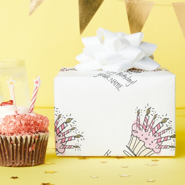 Custom pink cupcake with Birthday candles drawing Wrapping Paper (Birthday Party)