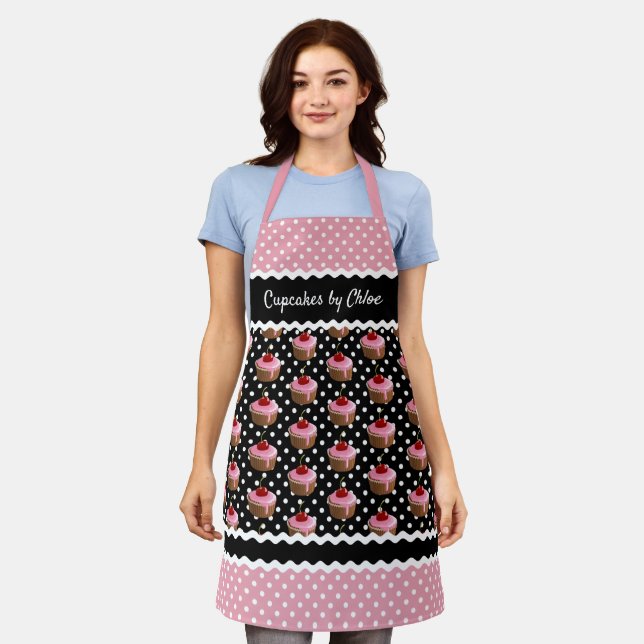 Custom Pink Cupcakes Polkadots Pattern On Black Apron (Worn)