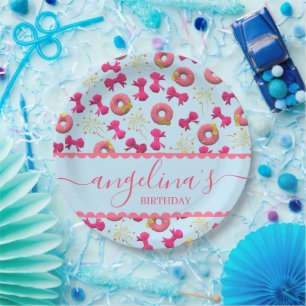 Custom pink cute donut and bow pattern birthday paper plate