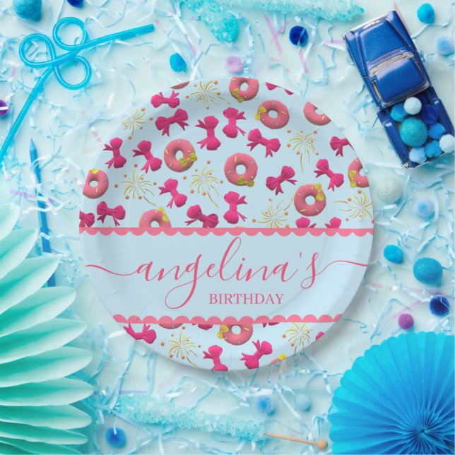 Custom pink cute doughnut and bow pattern birthday paper plate (Party)