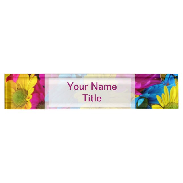 Custom Pink Desk Name Plate daisy colourful flower (Front)