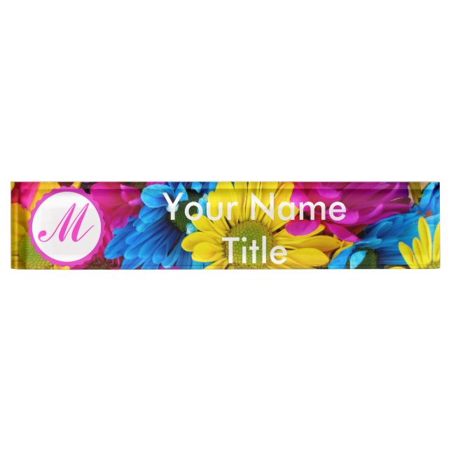 Custom Pink Desk Name Plate daisy colourful flower (Front)