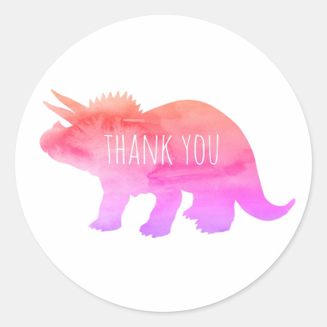 Custom Pink Dinosaur Triceratops Thank You Classic Round Sticker (Front)