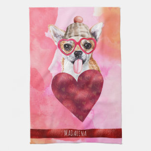 Custom Pink Dog Lover Valentine Gift Chihuahua Tea Towel