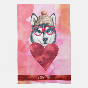 Custom Pink Dog Lover Valentine Gift Husky Tea Towel
