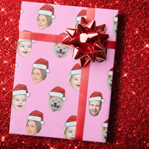 Custom Pink Face Santa Hat Family 4 Photos Pink Wrapping Paper
