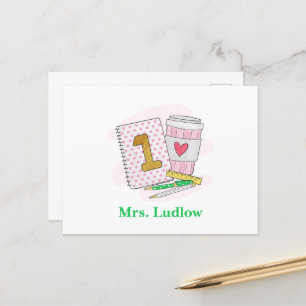 Custom Pink First Grade Teacher Appreciation Postcard
