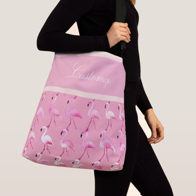 Custom Pink Flamingo Paradise Watercolor Pattern Crossbody Bag (Close Up)