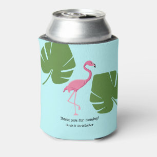 Custom Pink Flamingo Tropical Destination Wedding Can Cooler