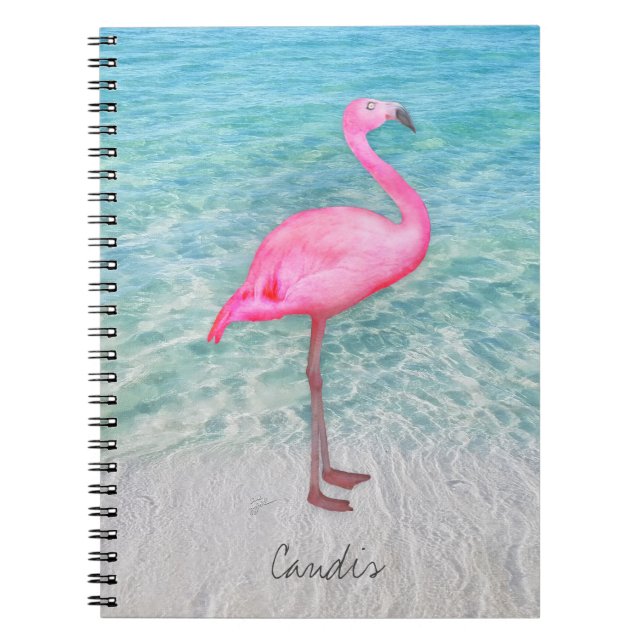 Custom Pink Flamingo Tropical Sandy Beach Modern Notebook (Front)