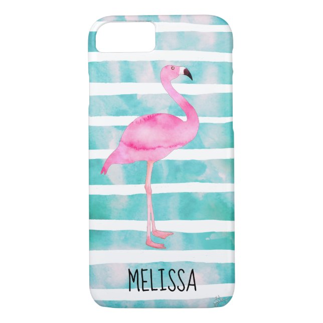 Custom Pink Flamingo Turquoise Blue Stripes Case-Mate iPhone Case (Back)