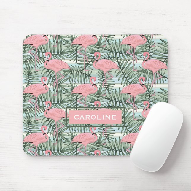 Custom Pink Flamingoes Green Palm Leafs Pattern Mouse Mat (With Mouse)