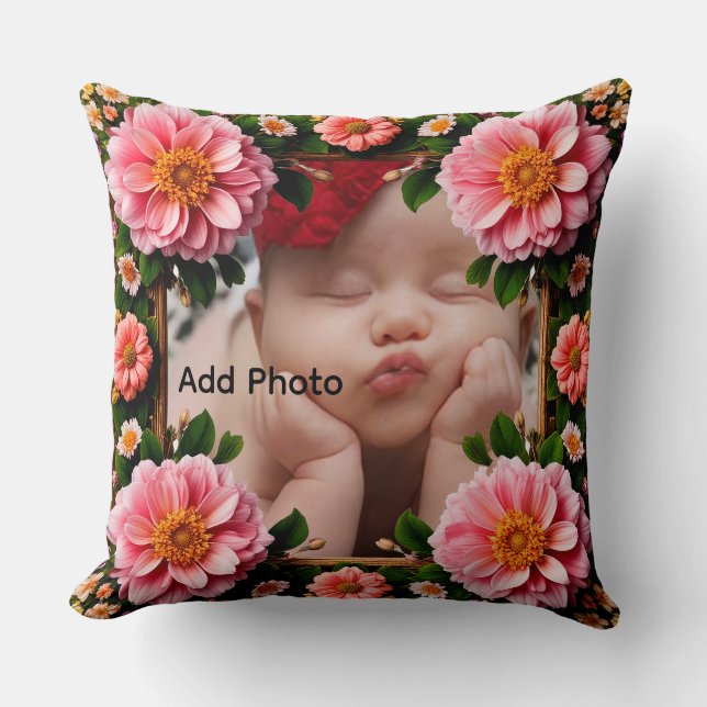 Custom Pink Floral Frame with Elegant Blossoms Cushion (Front)