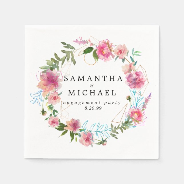 Custom Pink Floral & Gold Engagement Party Napkin (Front)