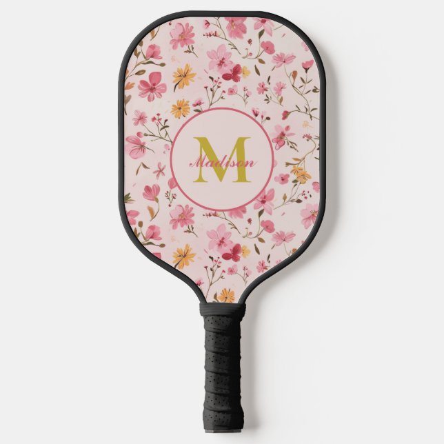Custom Pink Floral Monogram Pickleball Paddle (Front)
