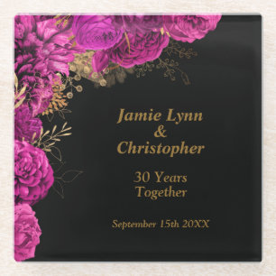 Custom Pink Floral Wedding Anniversary Glass Coaster