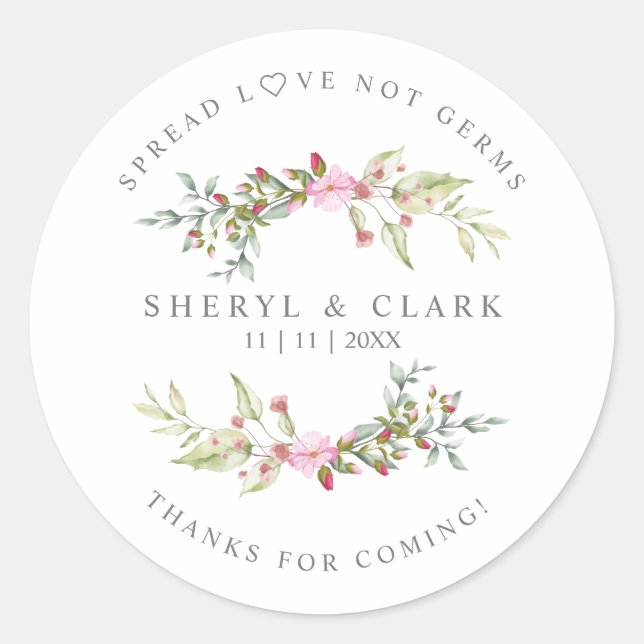 Custom Pink Floral Wreath Wedding Sanitizer Gel Classic Round Sticker (Front)