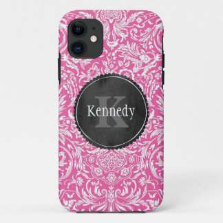 Custom Pink Flower Damask Chalkboard Monogram iPhone 11 Case