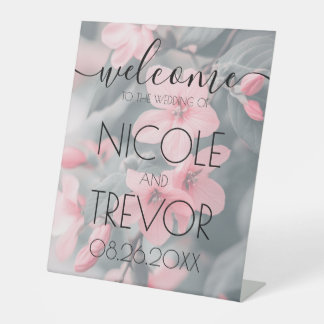 Custom Pink Flowers Teal Welcome Wedding Pedestal Sign