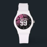 Custom pink girls basketball jersey number watch<br><div class="desc">Custom pink girls basketball jersey number watch. Basket ball watch | Personalizable with custom text or name. Custom wrist watches for basketball coach, fans and players. Personalised gift idea for women and girly girls. Sporty feminine design with image of a ball. Customisable background colour. Cool female sports gear. Atheltic typography....</div>