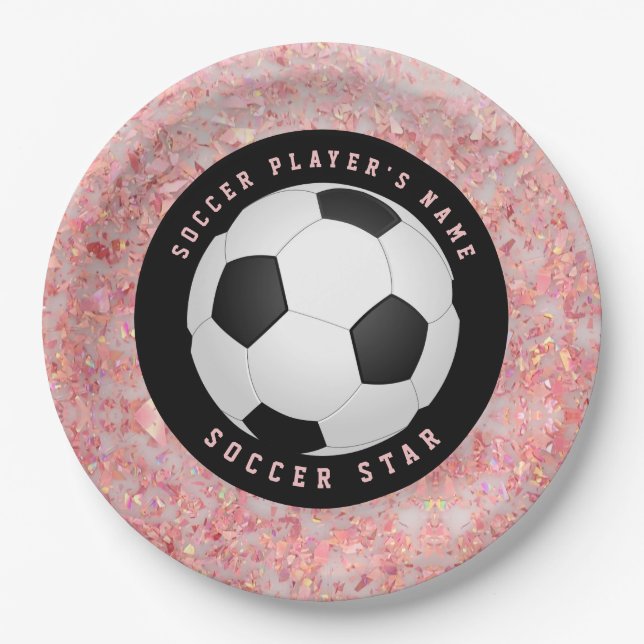 Custom Pink Girls Soccer Ball Football  Paper Plate (Front)