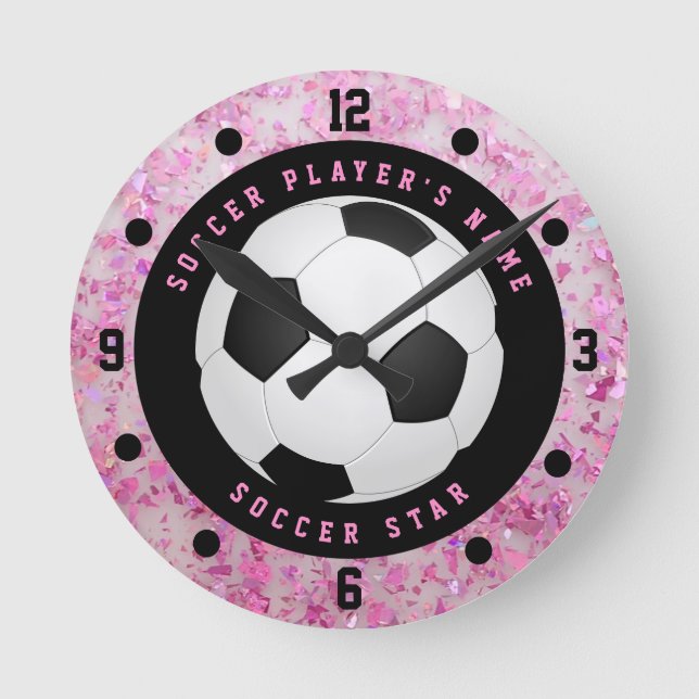 Custom Pink Girls Soccer Ball Football Round Clock (Front)