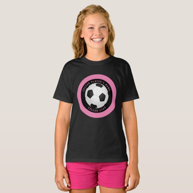 Custom Pink Girls Soccer Ball Football T-Shirt (Front Full)