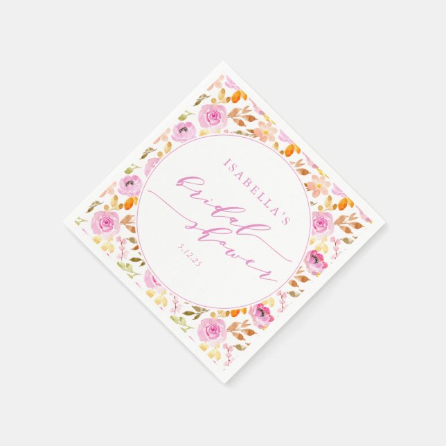 Custom Pink Girly Watercolor Floral Bridal Shower Napkin (Corner)