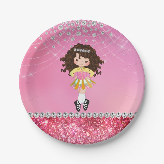 Custom Pink Glam Irish Dance Brunette Girl Paper Plate (Front)