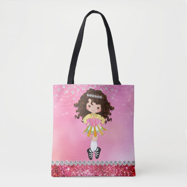 Custom Pink Glam Irish Dance Brunette Girl Tote Bag (Front)