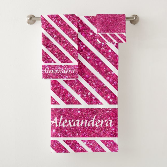 Custom Pink Glitter and White Script Modern artsy Bath Towel Set (Insitu)