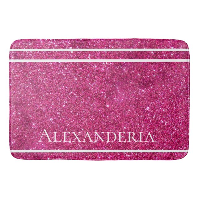 Custom Pink Glitter and White Stripes Modern artsy Bath Mat (Front)