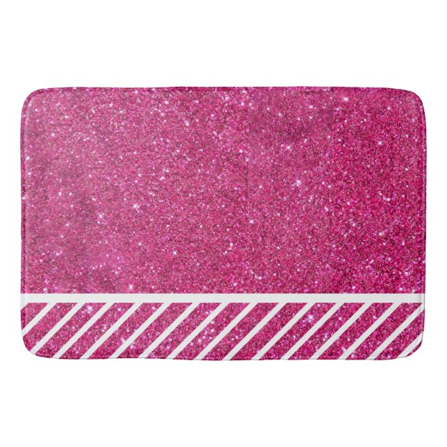Custom Pink Glitter and White Stripes Modern artsy Bath Mat (Front)