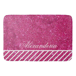 Custom Pink Glitter and White Stripes Modern artsy Bath Mat