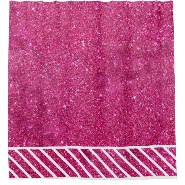 Custom Pink Glitter and White Stripes Modern artsy Shower Curtain (Front)