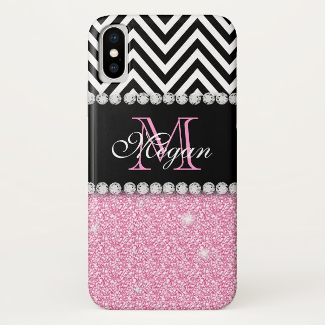 Custom Pink Glitter Black Chevron Monogram Case-Mate iPhone Case (Back)