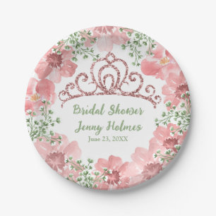 Custom Pink Glitter Crown Pink Roses Greenery  Paper Plate