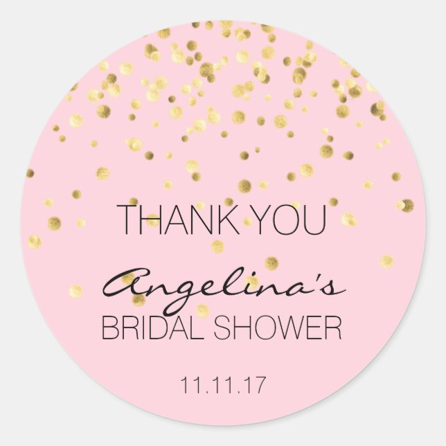 Custom Pink Gold Confetti Bridal Shower Thank You Classic Round Sticker (Front)