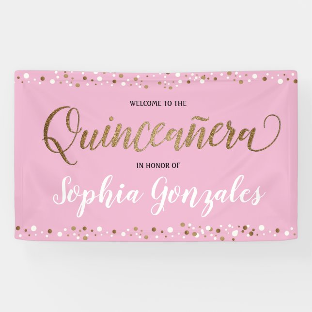 Custom Pink Gold confetti Quinceanera Birthday Banner (Horizontal)